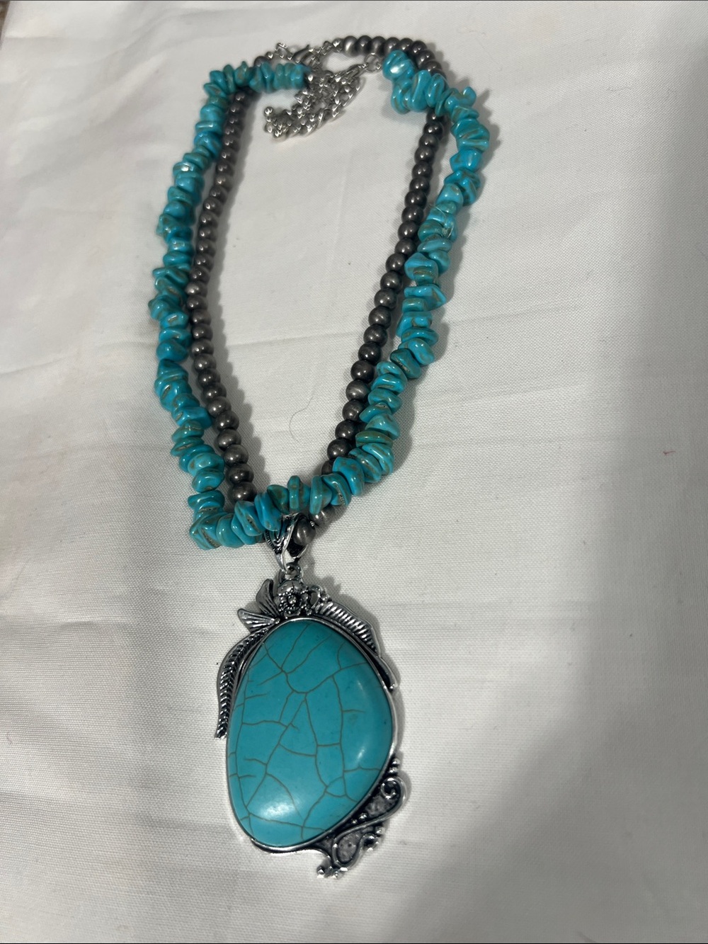 Turquoise Stone Pendant Necklace – Women's Silver Accent Beads